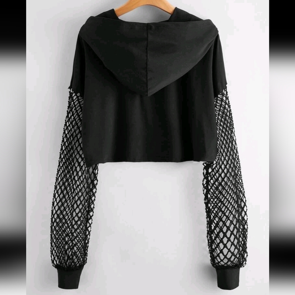 Mesh Fishnet Sleeve Cropped Hoodie